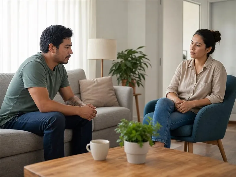 Adulto preocupado conversa a distancia respetuosa con una persona de confianza en un entorno tranquilo y con salida libre.