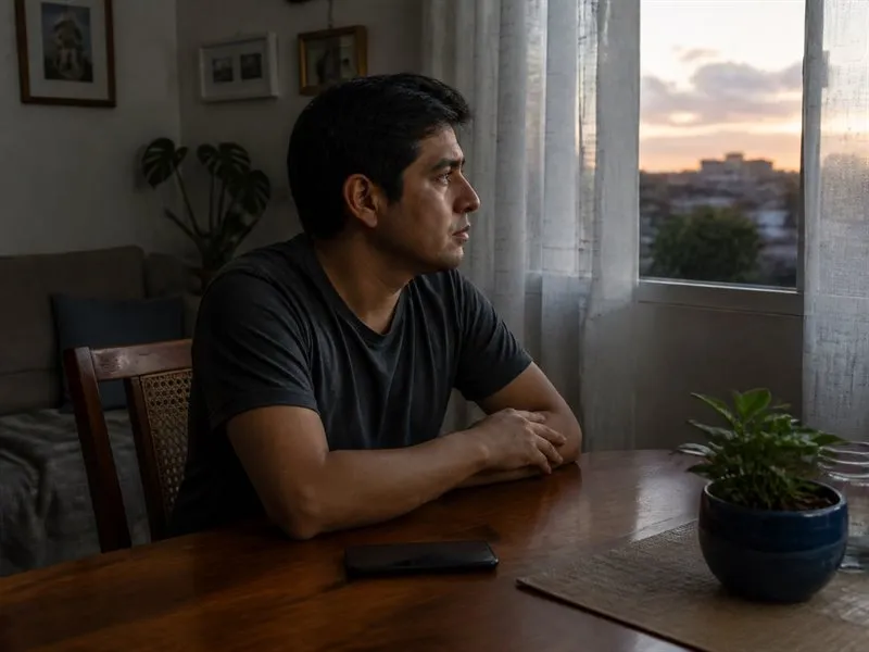 Adulto cansado hace una pausa antes de volver a comprobar su teléfono al final del día.