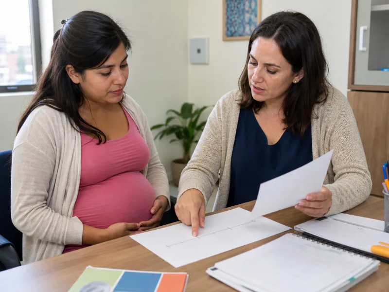 Persona embarazada y profesional revisan antecedentes y factores que pueden contribuir al riesgo perinatal