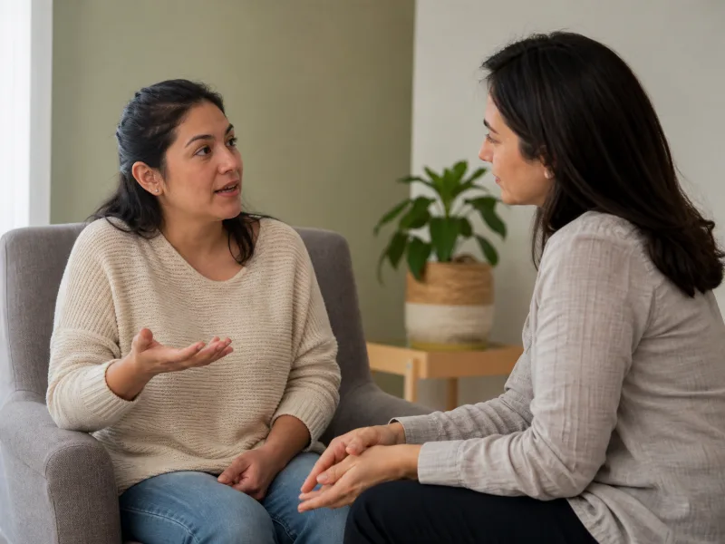 Persona plantea preguntas difíciles durante una conversación clínica atenta y respetuosa