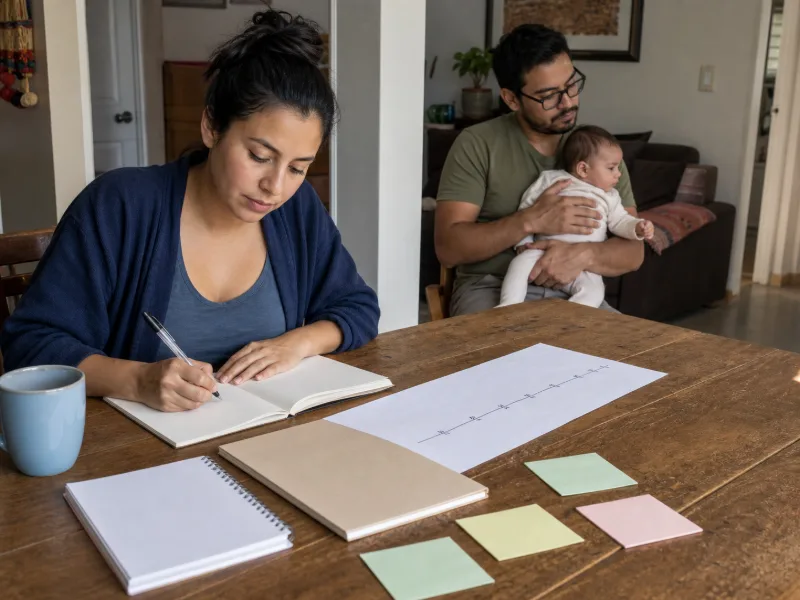 Persona prepara una consulta perinatal con antecedentes, preguntas y línea de tiempo