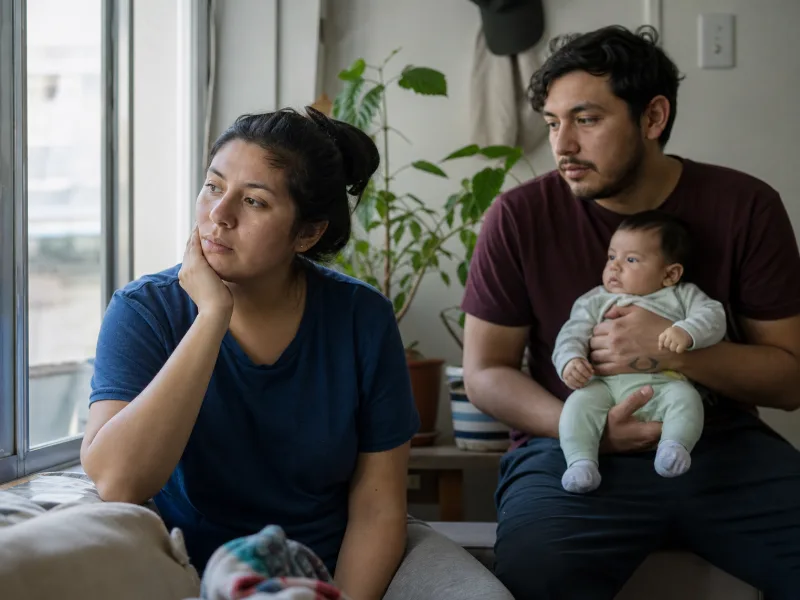 Persona en posparto reflexiona mientras una pareja despierta sostiene al bebé de forma segura