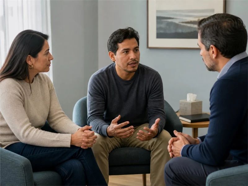 Paciente adulto participa en una evaluación psiquiátrica junto a una persona de apoyo