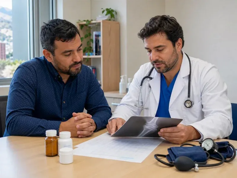 Paciente y m&eacute;dico revisan ex&aacute;menes, medicamentos y un equipo de presi&oacute;n arterial durante el diagn&oacute;stico diferencial
