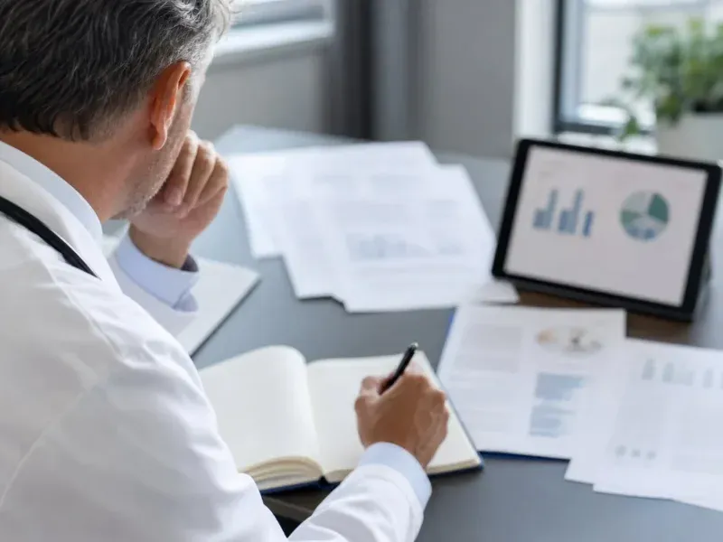 Profesional de salud revisa gr&aacute;ficos y documentos sobre dolor persistente