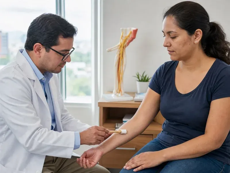 M&eacute;dico explora suavemente la sensibilidad del antebrazo de una paciente adulta con un pincel sensorial