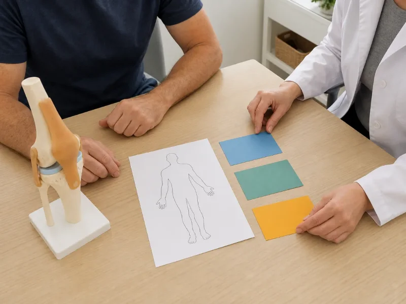 Paciente se&ntilde;ala un mapa corporal mientras conversa con un m&eacute;dico junto a modelos de nervio, columna y rodilla