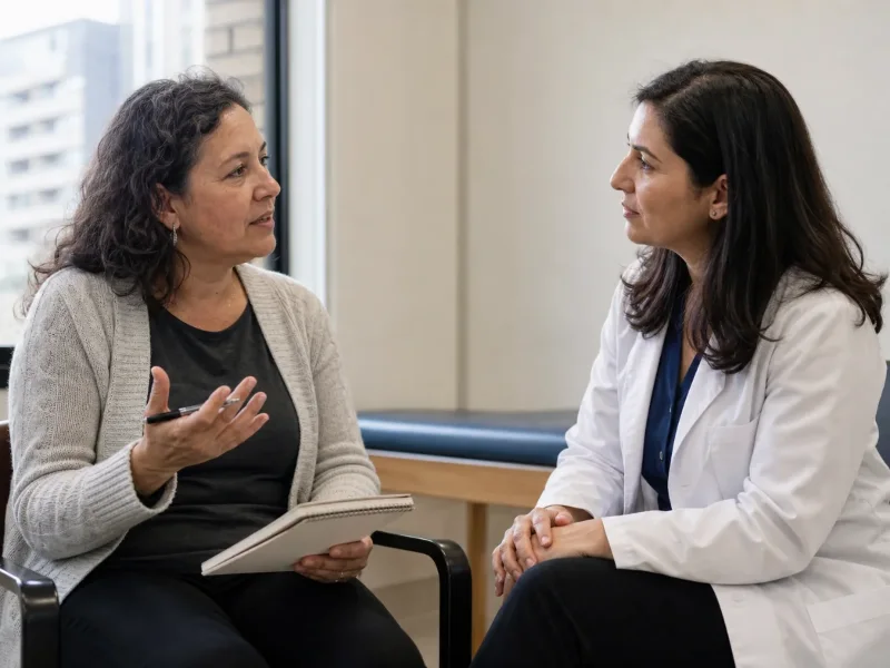 Paciente y m&eacute;dica revisan un mapa corporal durante una conversaci&oacute;n cl&iacute;nica