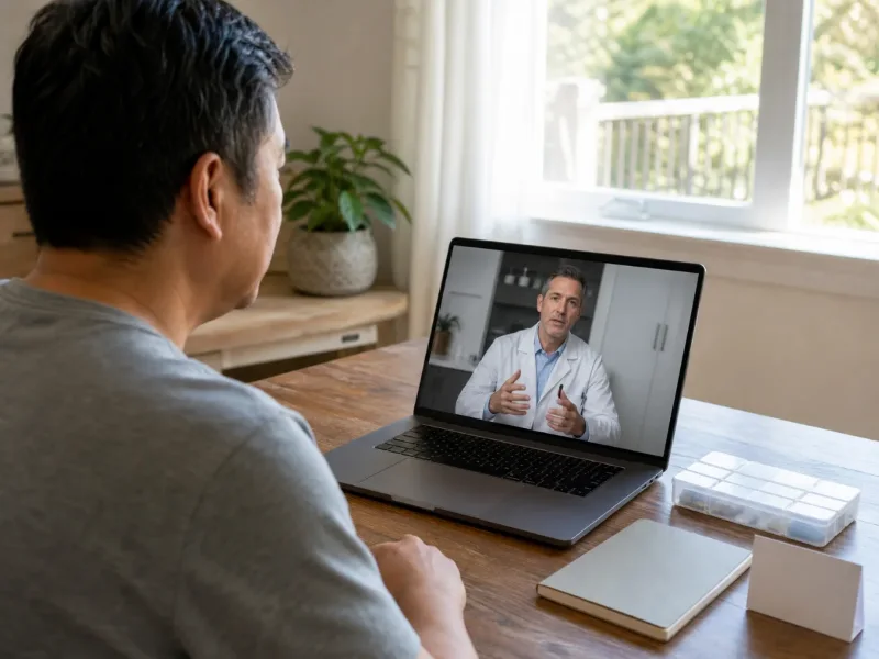 Mujer adulta conversa por videollamada con un m&eacute;dico desde su hogar