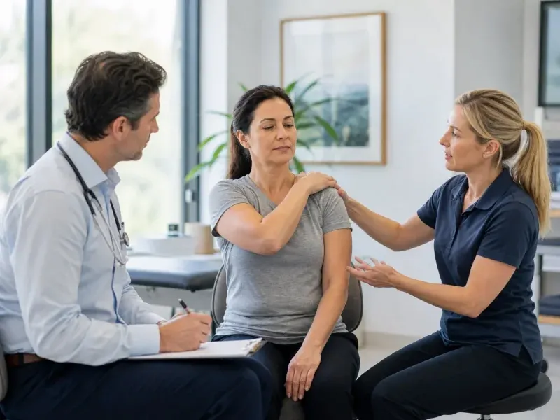 M&eacute;dico y kinesi&oacute;loga eval&uacute;an con una paciente el movimiento de un hombro doloroso