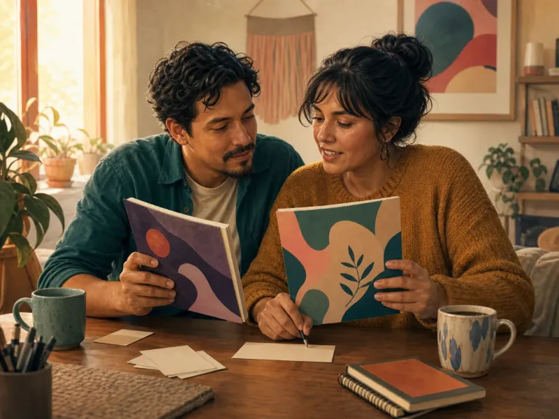 Pareja adulta revisa material educativo para conversar sobre salud sexual