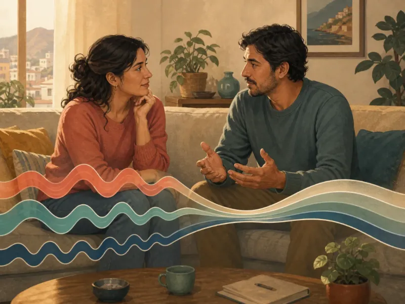 Pareja adulta conversa con respeto para comprender una dificultad eyaculatoria sin culpabilizarse