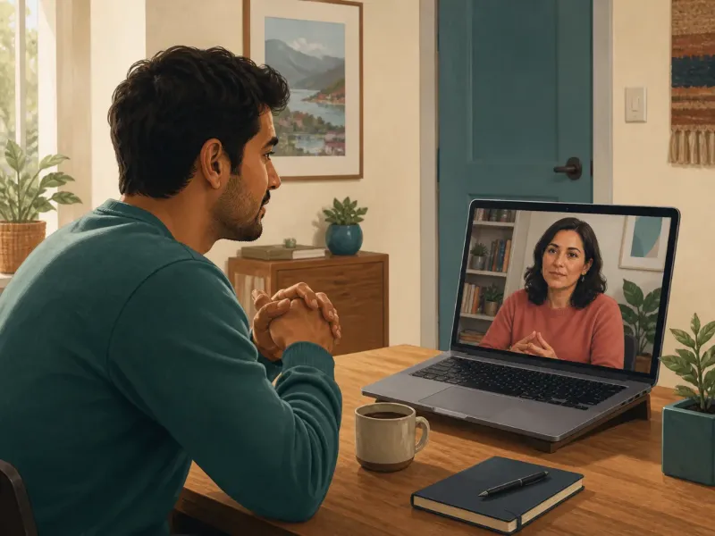 Adulto participa desde su hogar en una teleconsulta confidencial sobre salud sexual