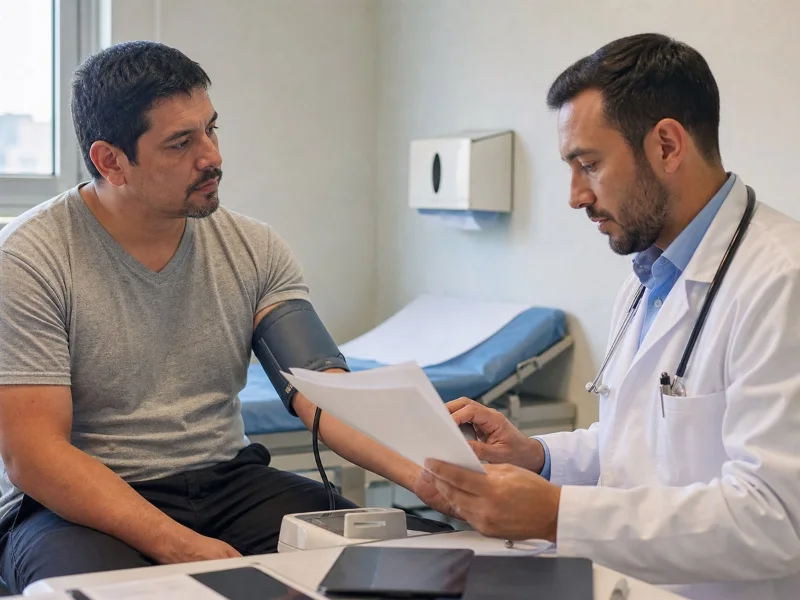 Paciente y profesional integran examen físico, presión arterial e informes antes de cerrar una explicación clínica