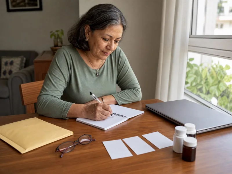 Persona adulta prepara una cronología breve, medicamentos e informes antes de una consulta confidencial