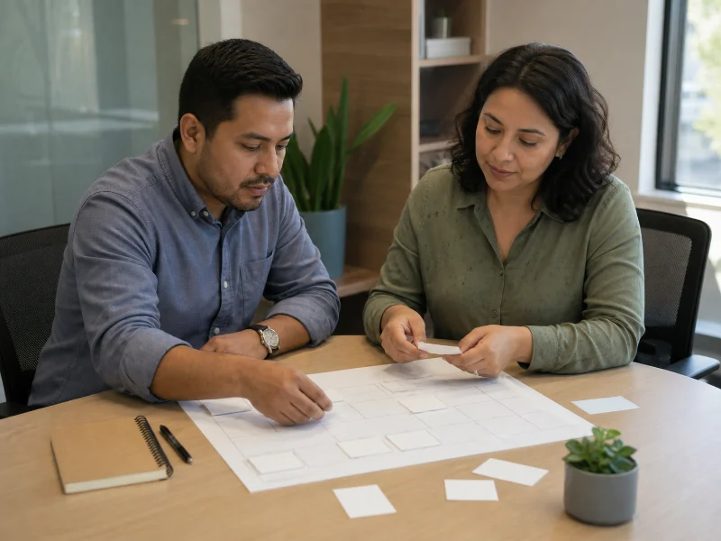 Trabajador y supervisora reorganizando carga, prioridades y horario