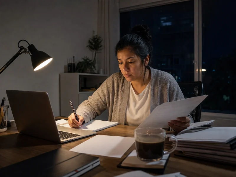 Trabajadora prolongando tareas hasta la noche con recuperación insuficiente