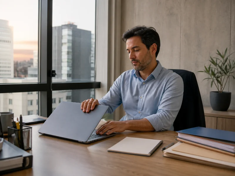 Trabajador cerrando el computador al finalizar una jornada laboral
