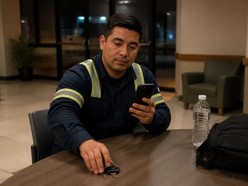 Trabajador fatigado dejando las llaves y organizando un transporte seguro