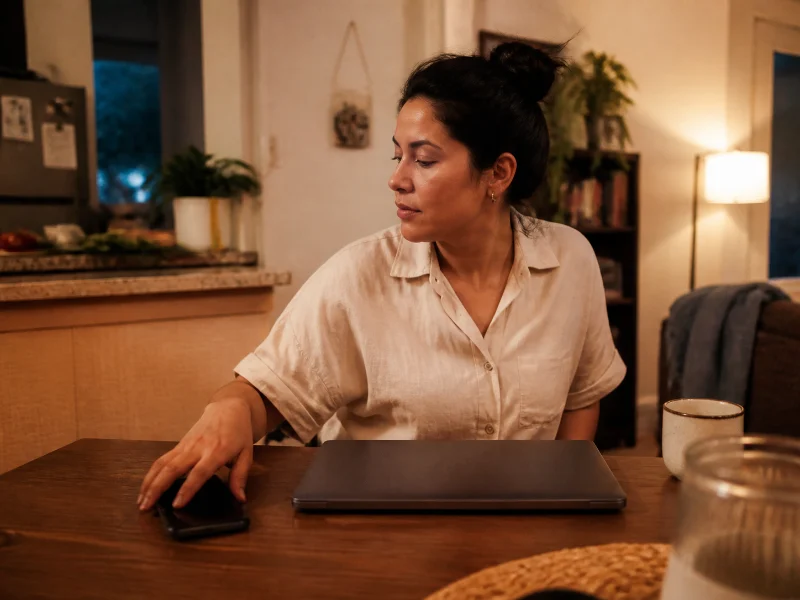 Adulta dejando teléfono y computador cerrados para comenzar su tiempo personal