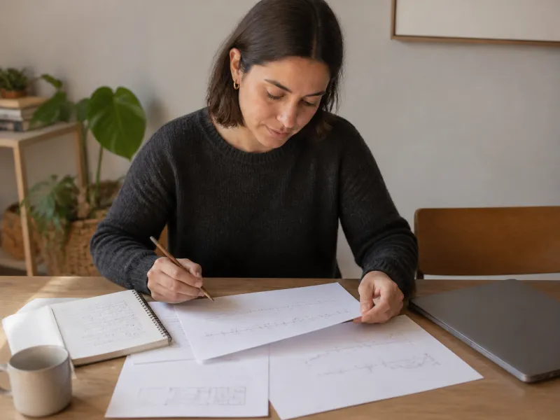 Adulta organizando una línea de tiempo y antecedentes antes de consultar por agotamiento laboral