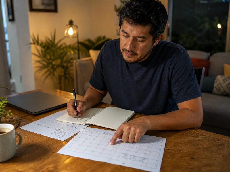 Adulto comparando calendario, sueño y funcionamiento para reconocer cambios