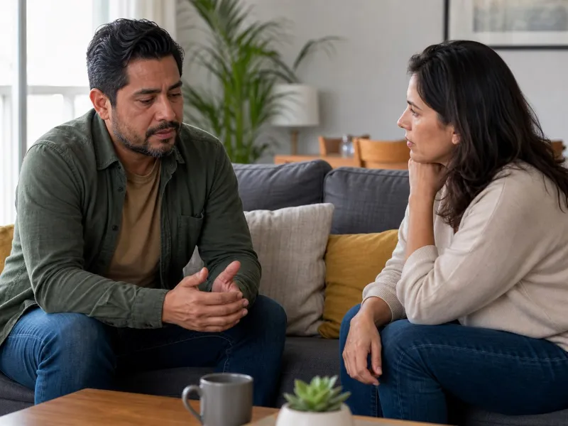 Persona adulta recibe apoyo atento de alguien de confianza durante una crisis emocional