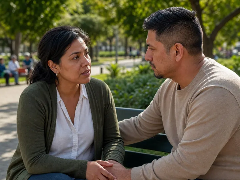 Persona adulta habla abiertamente con alguien de confianza en un lugar seguro