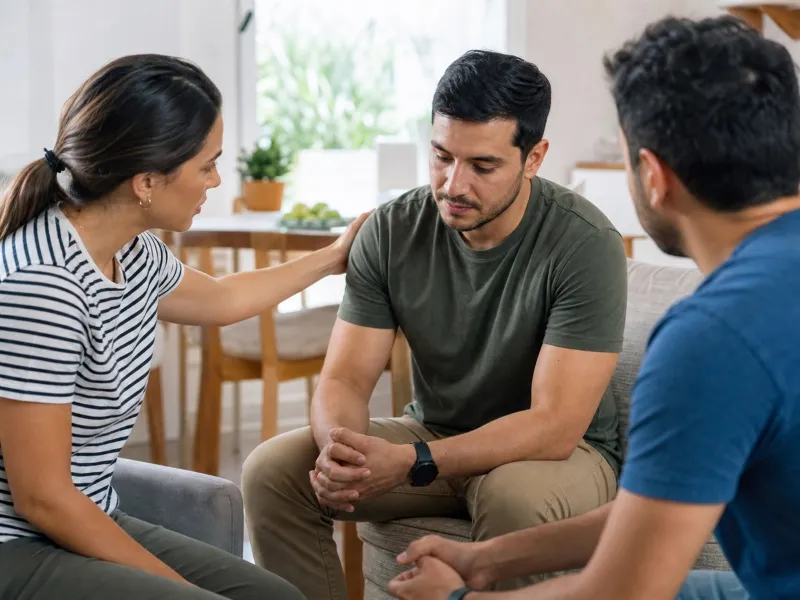 Personas cercanas se acercan con calma a un adulto que parece aislado y sobrepasado
