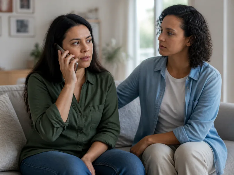 Adulta solicitando orientaci&oacute;n telef&oacute;nica confidencial acompa&ntilde;ada por alguien de confianza