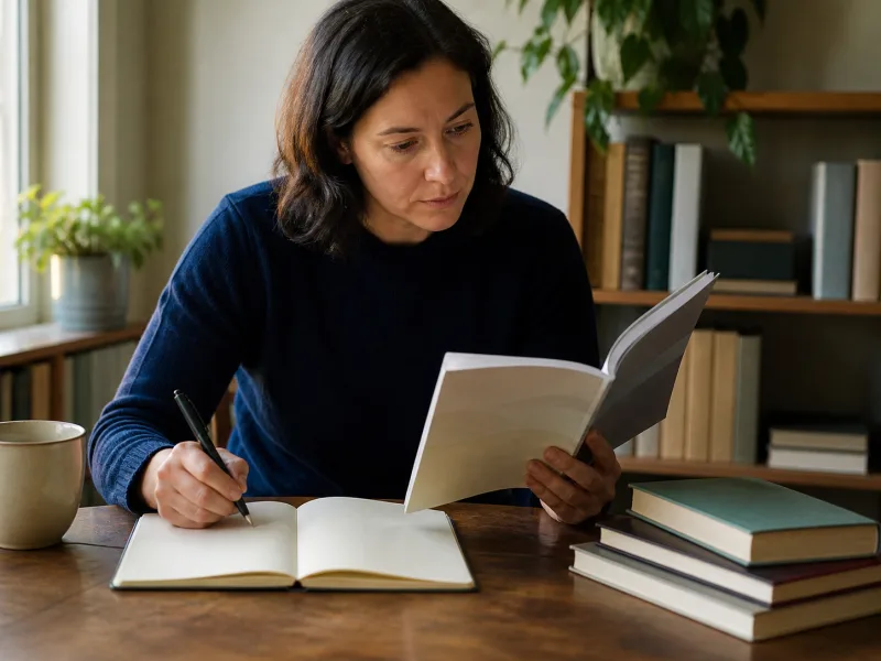 Adulta revisando una gu&iacute;a de salud confiable y tomando notas