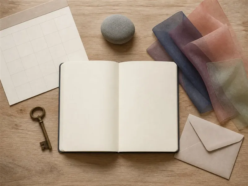 Cuaderno en blanco rodeado de elementos que representan una evaluación clínica multidimensional