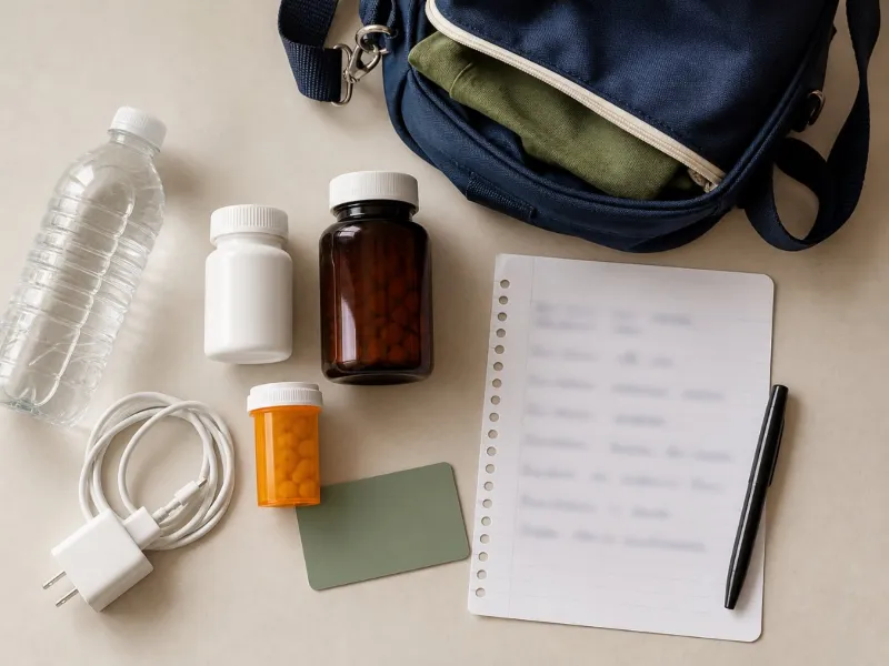 Bolso preparado con identificación, medicamentos, cargador y una lista clínica
