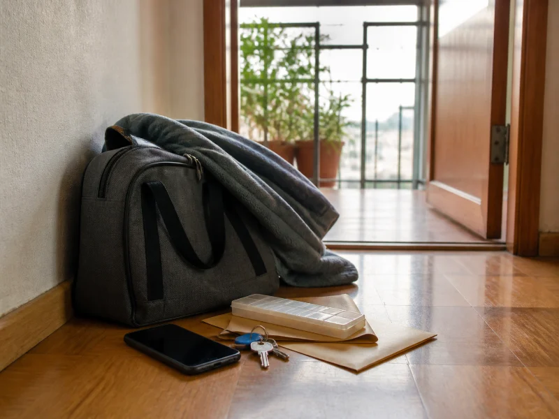 Bolso discreto con elementos esenciales junto a una salida despejada